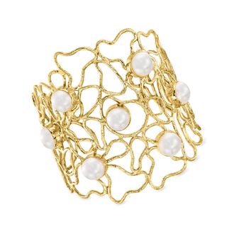 Ross-Simons 10mm Cultured Pearl Openwork Cuff Bracelet in 18kt Gold Over Sterling