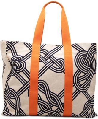 Herm&egrave;s Beige Navy Orange Cotton Tote Bag (Pre-Owned)