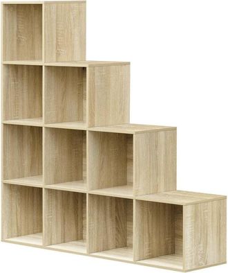 Woltu Woltu Estanter&iacute;a De Escalera, Armario De Almacenamiento Con 10 Cubos, Armario De Madera, Estante Independiente Para Estudio, Sal&oacute;n, Dormitorio, Roble 
