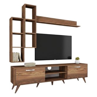 Dmora Parete Modular Gunding, Mueble De Sala Con 9 Estantes, 2 Puertas, Set Componible, Nogal Marr&oacute;n