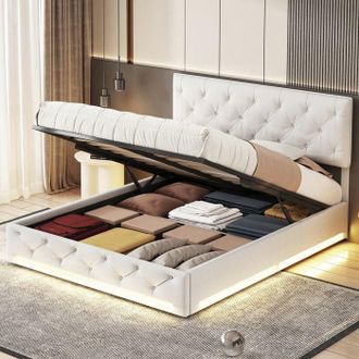 OEM Cama 140x200 Cm, 231211sm, Led, Hidr&aacute;ulica, Tela De Lino, Marco De Cama Doble, Cama Para Adultos, Beige