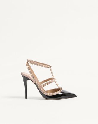 Valentino Garavani D&eacute;collet&eacute; Rockstud In Vernice Con Cinturini 100Mm Donna NERO/POUDRE 34.5