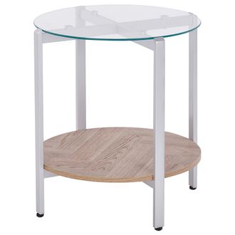 Beliani Beliani - Mesa Auxiliar Moderna Tablero De Vidrio Templado Estructura De Metal 1 Estante Madera Clara Plateado Lovell