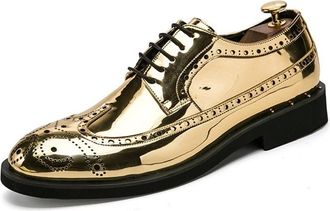 Generic Dress Oxford Shoes for Men Lace Up Brogue Embossed Wing tip Shiny Derby Shoes Vegan Leather Low Top Slip Resistant Anti-Slip Party(Golden,7.5 UK)