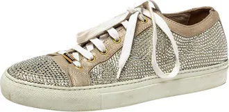 Le Silla Metallic Beige Crystal Embellished Suede Low Top Sneakers