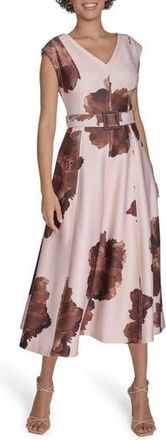 Calvin Klein Floral V-Neck Belted Midi A-Line Dress in Coffee Bean Multi at Nordstrom Rack, Size 12