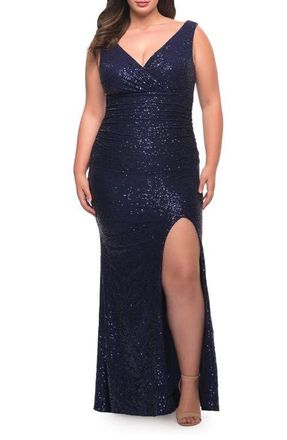 La Femme Stretch Sequin Plus Size Gown with Slit and V Neck in Navy at Nordstrom, Size 14W