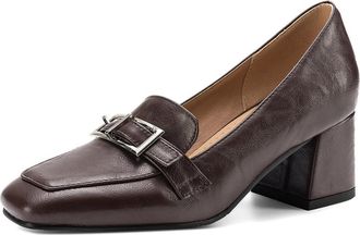 Generic Womens Chunky Block Heel Loafers Glossy PU Leather Square Toe Slip On Dress Shoes with Metal Buckle Lightweight Comfortable Durable Anti Slip Low Top,