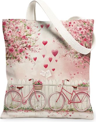 Generic Floral Canvas Tote Bags, Peach Bike Pattern Reusable Grocery Bags, Spring Lightweight Washable Shoulder Strap for Outdoor Travel Picnic 13x15 Inch