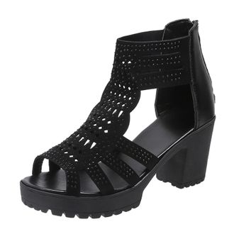 Generic Square Heel Sandals For Women Cut Out Strap Sandals Fish Mouth Open Toe Sandal Rhinestone Embellished Sandal Fashion Slingback Shoes With Zipper Comfo