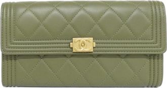 Chanel Khaki Leather Long Wallet (Bi-Fold) (Pre-Owned)