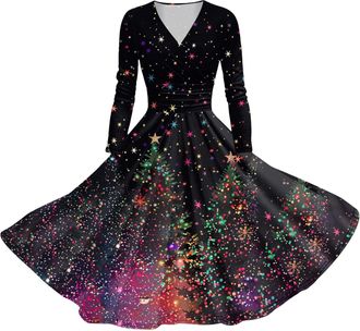 Generic Womens Christmas Long Sleeve Swing Dress Xmas Long A line Cocktail Dress Evening Swing Print Sexy Prom Party Novelty Christmas Tree Pattern Vintage La