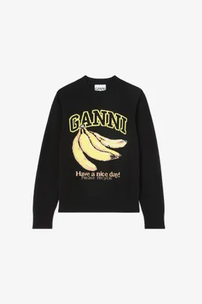 Ganni Black Sweater with Banana - Size XXS Wool