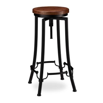 Relaxdays Relaxdays - Taburete Alto Cocina, Banqueta Bar, Vintage Industrial, Hierro-madera, Altura Ajustable 77,5 Cm, Negro-marr&oacute;n
