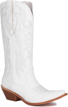 Generic Womens Pointed Toe Western Cowboy Boots PU Leather Mid-Calf Boots with Embroidery Stitched Block Heel Cowgirl Boot,White,5.5 UK