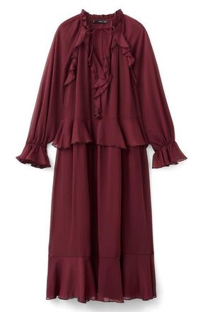Mango Ruffle Detail Long Sleeve Dress in Burgundy at Nordstrom, Size 4