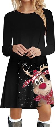 Generic Christmas Jumper Dress for Women UK Cute Reindeer Santa Xmas Tops Long Sleeve O Neck Pullover Sweater Long Sweatshirt Plus Size Christmas Elf Outfits 