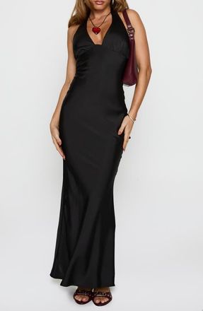Princess Polly Gloriana Satin Halter Maxi Dress in Black at Nordstrom, Size 8