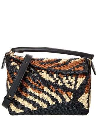 Loewe Puzzle Edge Small Raffia & Leather Shoulder Bag