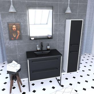 Aurlane Mueble De Ba&ntilde;o 80 Cm, Lavabo Negro, Espejo Led Y Columna - Blanco Y Negro