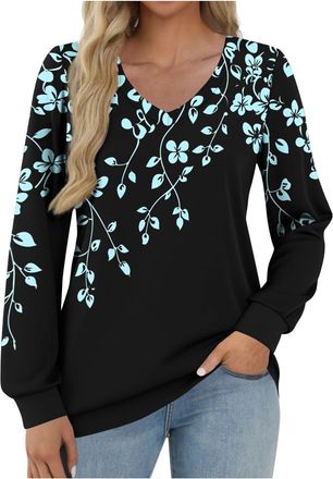 Generic Women Long Sleeve Jumpers V Neck Cotton Casual Floral Print Cuff Sleeve Base Layered Pull On Tunics Longline Tee Shirts Tops for Spring Summer Autumn 