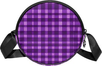Generic Circle Crossbody Bag for Women, Purple Retro Plaid Small Sling Bag Daypack with Zipper Adjustable Shoulder Straps Casual Ladies Girls Round Purse