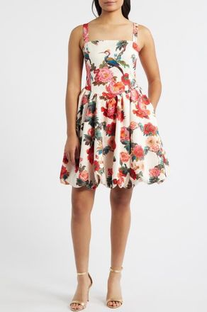 Julia Jordan Floral Basque Waist Fit & Flare Minidress in Ivory Multi at Nordstrom, Size 14