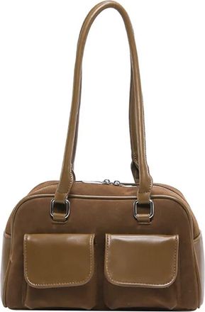 Generic Trendy Womens Handbag Fashion Small Square Shoulder Bag PU Material Splicing Element Zipper Opening(Brown)