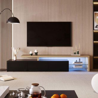 OEM Mueble De Tv Moderno Con Led, 3 Puertas, 2 Estantes De Vidrio, Mueble Bajo De Sal&oacute;n, Mueble De Tv De Madera, Armario De Tv 200x39x42 Cm, Negro