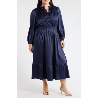 Sugarlips Fabiola Long Sleeve Satin Midi Dress in Navy at Nordstrom, Size 1X