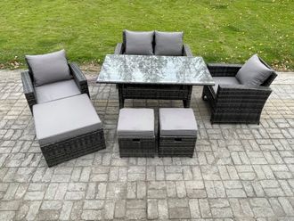 Fimous 7 Seater Outdoor Garden Furniture Set Patio Furniture Rattan Rectangular Dining Table Lounge Sofa in Dark Grey
