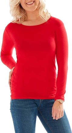 Crazy Girls Womens Long Sleeve Stretch Plain Round Scoop Neck T Shirt Top Ladies Fitted Tee (Red, 16-18)