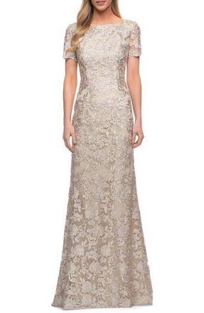 La Femme Beautiful Lace Mother of the Bride Dress with Short Sleeves in Champagne at Nordstrom, Size 10