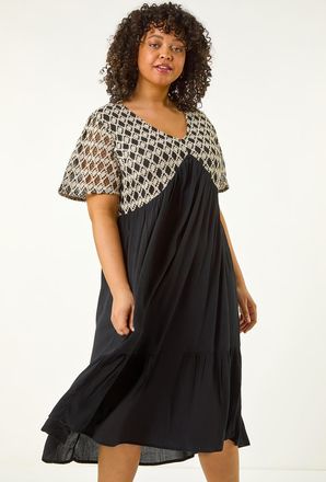 Roman Crochet V-Neck Midi Dress