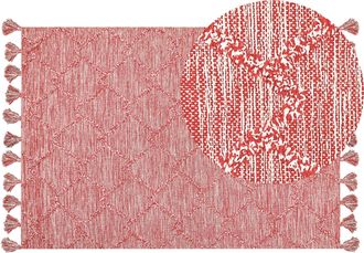 Beliani Alfombra De Algod&oacute;n Rojo Blanco 160 X 230 Cm Tejido Grueso Dormitorio Nigde