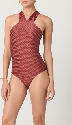 Shoshanna Wave Texture High Neck One Piece in Cinnamon/gold at Nordstrom, Size 10