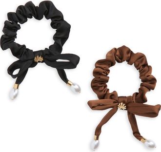 Lele Sadoughi 2-Pack Faux Pearl Bow Scrunchie Set in Brown Multi at Nordstrom