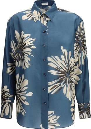 Brunello Cucinelli Womens Shirt Floral Silk Blue