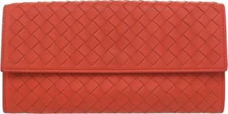 Bottega Veneta Red Color Intrecciato Long Wallet (Bi-Fold) (Pre-Owned)
