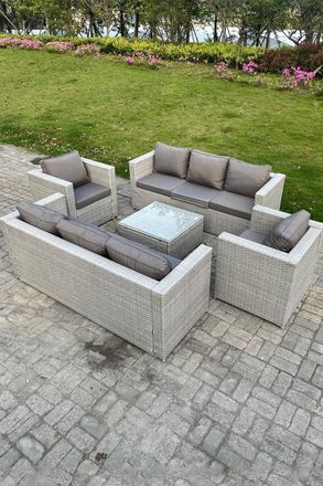 Fimous Light Grey Outdoor PE Rattan Garden Furniture Set Wicker Sofa Set Square Coffee Table