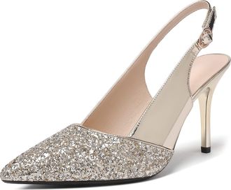 EDEFS Womens High Heel Sandals 9CM/3.5IN Slingback Stiletto Pumps Sexy Pointed Toe Evening Party Court Shoes, Patent Gold Size EU38