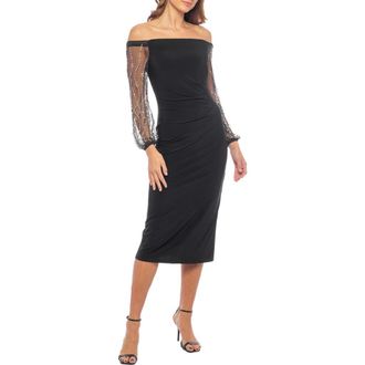 Marina Rossini Off the Shoulder Long Sleeve Beaded Midi Dress in Black at Nordstrom Rack, Size X-Large