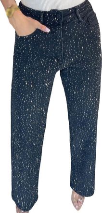 Generic Rhinestone-Embellished Straight-Leg Jeans,Baggy Straight Casual Rhinestone Embellished High Waisted Jeans (Black,L)
