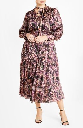 City Chic Amiyah Floral & Stripe Long Sleeve Maxi Dress in Paisley at Nordstrom, Size Xl