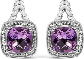 House of Brilliance Sterling Silver Cushion Cut Amethyst and Diamond Accent Halo Drop Earrings