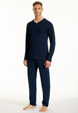 Schiesser Schlafanzug UNCOVER BY SCHIESSER Uncover Nightwear, Herren, Gr. 48, blau (804, blau), Single Jersey, Obermaterial: 100% Baumwolle, bequem lang, V-Auss