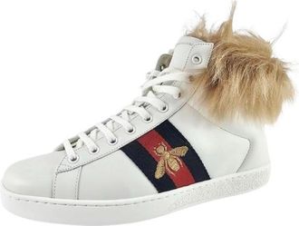 Gucci White Leather Fur Ace Sneakers Size 41.5