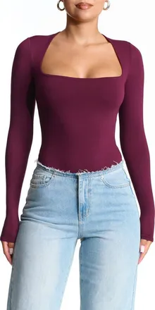 Naked Wardrobe Squared Away Long Sleeve Thong Bodysuit in Dark Plum at Nordstrom, Size X-Large