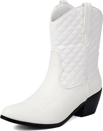 Generic Womens Cowboy Boots, Block Heel, Wide Calf, Round Toe, Quilted Design, Mesh Lining, Available in Large Sizes Up to 48, Daily Wear & Outdoor,White,2.5 