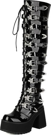 Generic Womens Lace Up Thigh High Boots with Zipper Chunky High Heel Platform Long Boot Round Toe Over The Knee Boots,Black2,4.5 UK